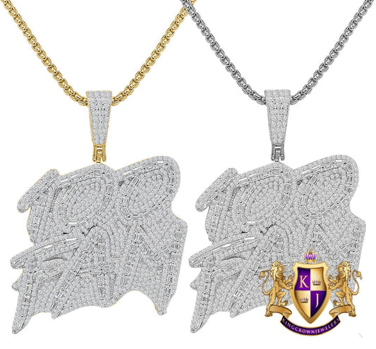 35 + Grams Genuine Real Authentic Italian Sterling Silver 14K Gold Over Simulated Diamond "100 FAM" Custom Charm Pendant Chain Set 2.25''