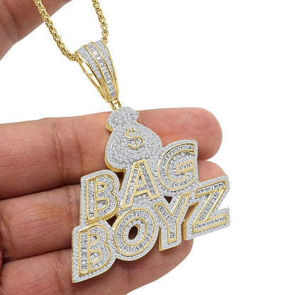 35 Grams Baguette Genuine Sterling Silver Dollar Sign Money Bag Boyz Simulated Diamond 14K Gold Over Custom Charm Pendent 2.5'' + Free Chain