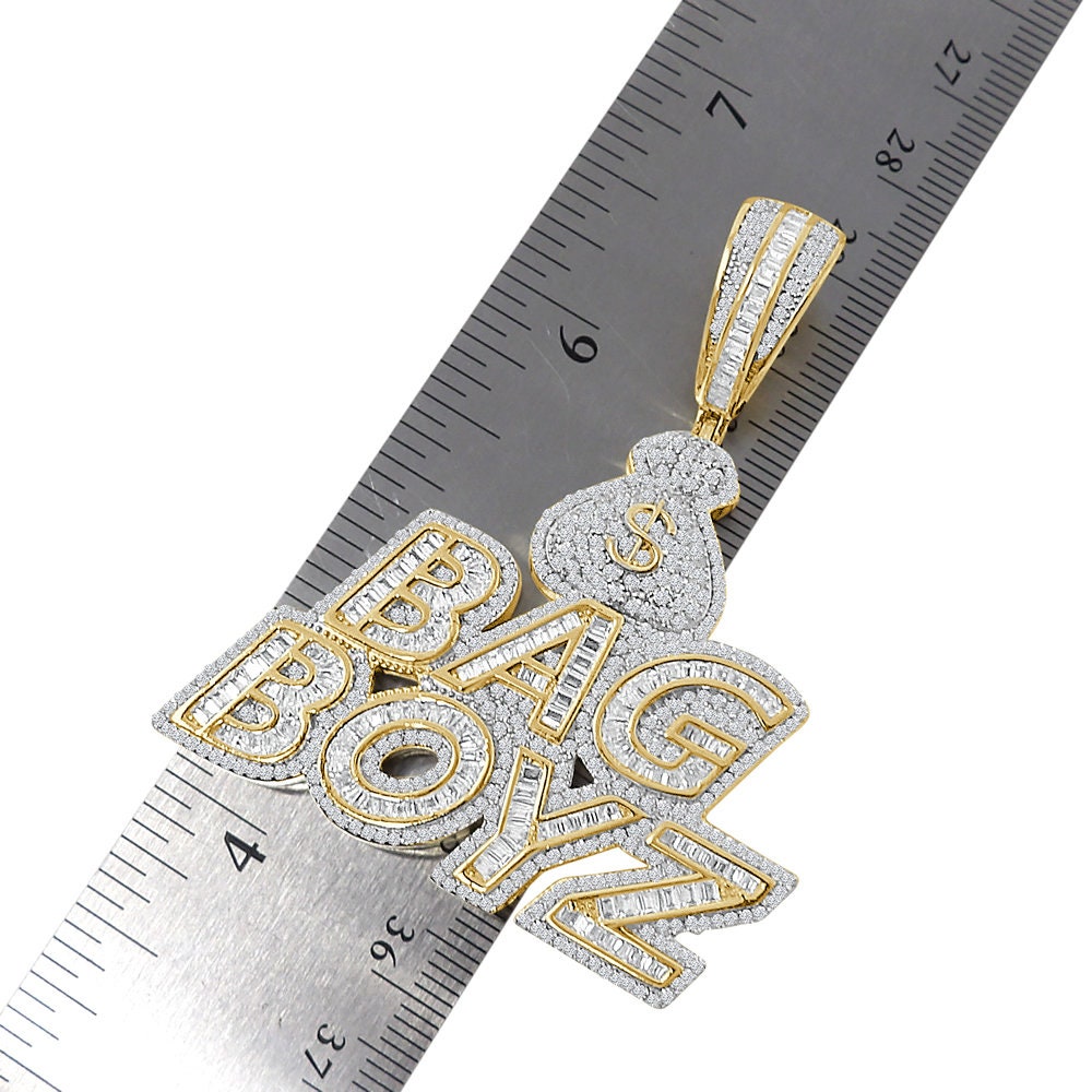 35 Grams Baguette Genuine Sterling Silver Dollar Sign Money Bag Boyz Simulated Diamond 14K Gold Over Custom Charm Pendent 2.5'' + Free Chain