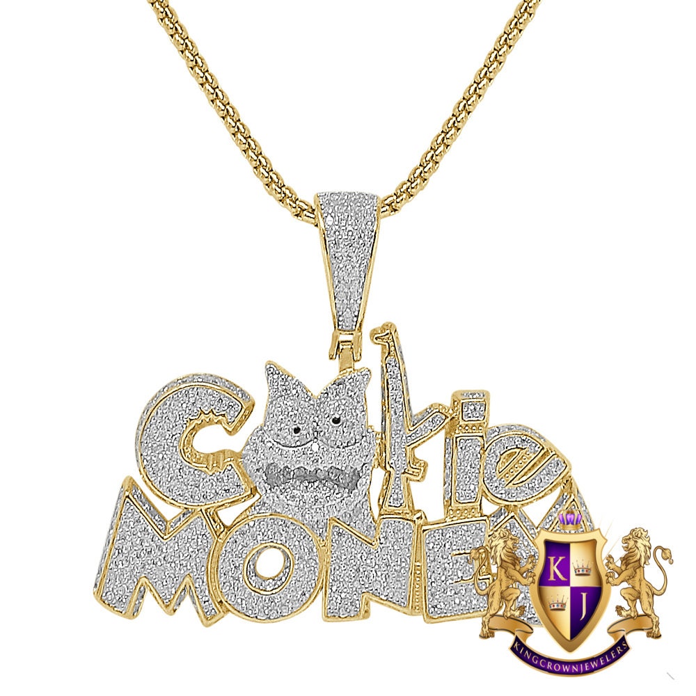 Men's Custom Piece Real Solid Sterling Silver 14K Gold Over Simulated Diamond "Cookie Money" Charm Pendent Chain Set 2.25''