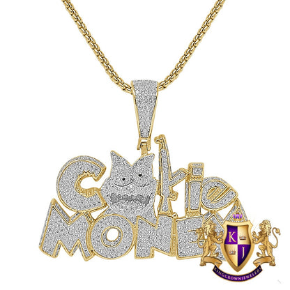 Men's Custom Piece Real Solid Sterling Silver 14K Gold Over Simulated Diamond "Cookie Money" Charm Pendent Chain Set 2.25''