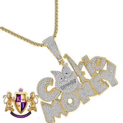 Men's Custom Piece Real Solid Sterling Silver 14K Gold Over Simulated Diamond "Cookie Money" Charm Pendent Chain Set 2.25''