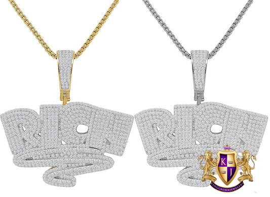 35 + Grams 14k Gold On Real Sterling Silver Men's Round Cut Simulated Diamond Big RICH Money Forever Custom Charm Pendant Chain Set