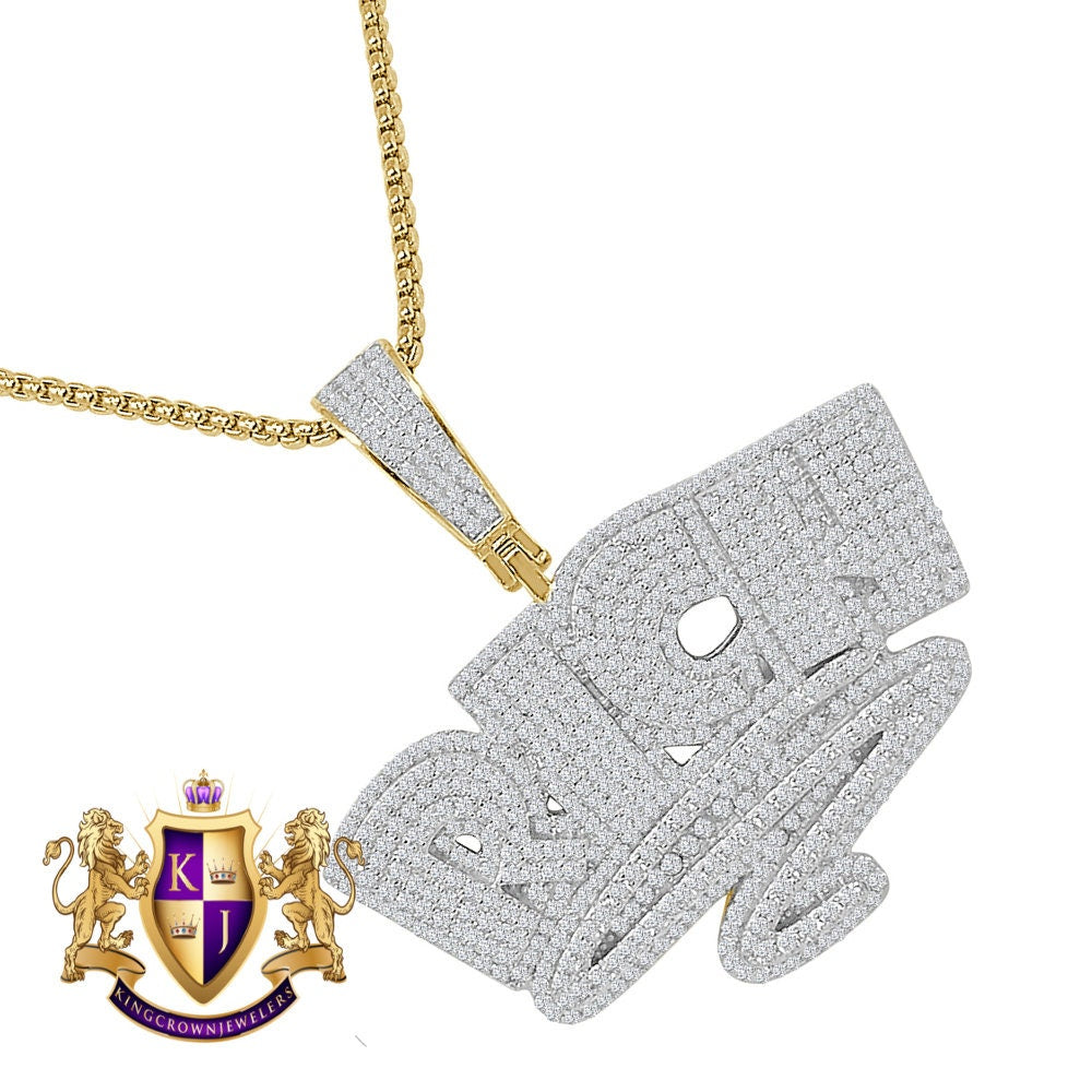 35 + Grams 14k Gold On Real Sterling Silver Men's Round Cut Simulated Diamond Big RICH Money Forever Custom Charm Pendant Chain Set