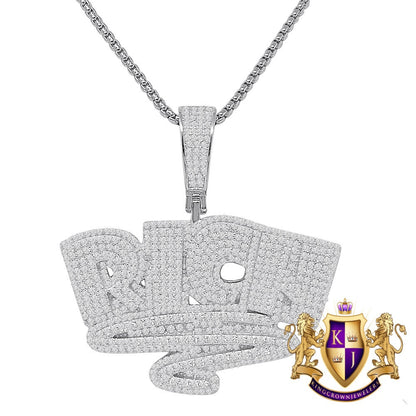 35 + Grams 14k Gold On Real Sterling Silver Men's Round Cut Simulated Diamond Big RICH Money Forever Custom Charm Pendant Chain Set