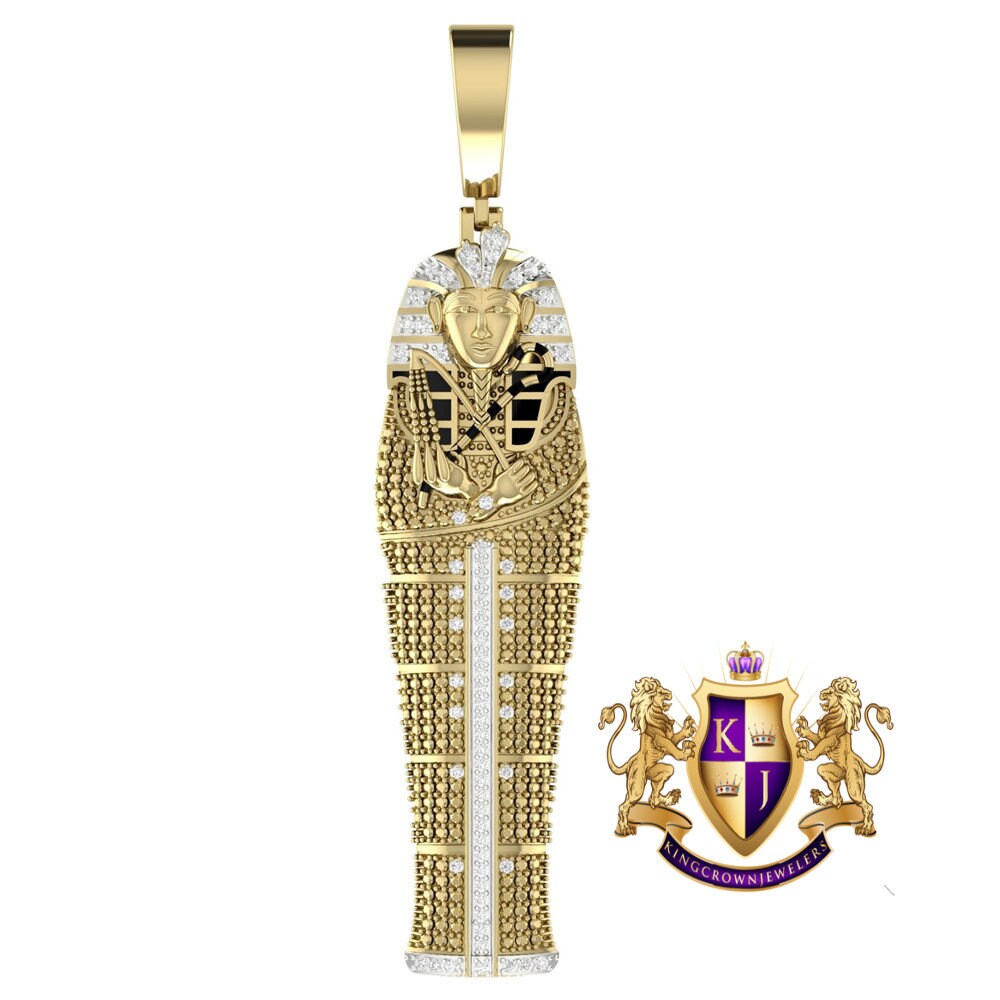 Big 3'' Real Genuine Authntic Diamond 0.50 Cwt. Egyptian King Tut Pharaoh Mummy Charm 10K Gold Over Exclusive Custom Pendent