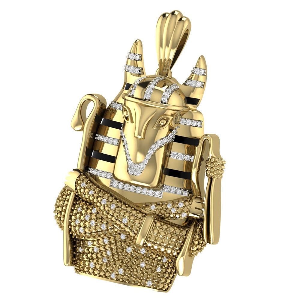 41+ Grams Real Genuine Natural Diamond Egyptian God Of Death Anubis Pharaoh Mummy Charm 10K Gold Over Mens Exclusive Custom Pendent Xl 2.5''