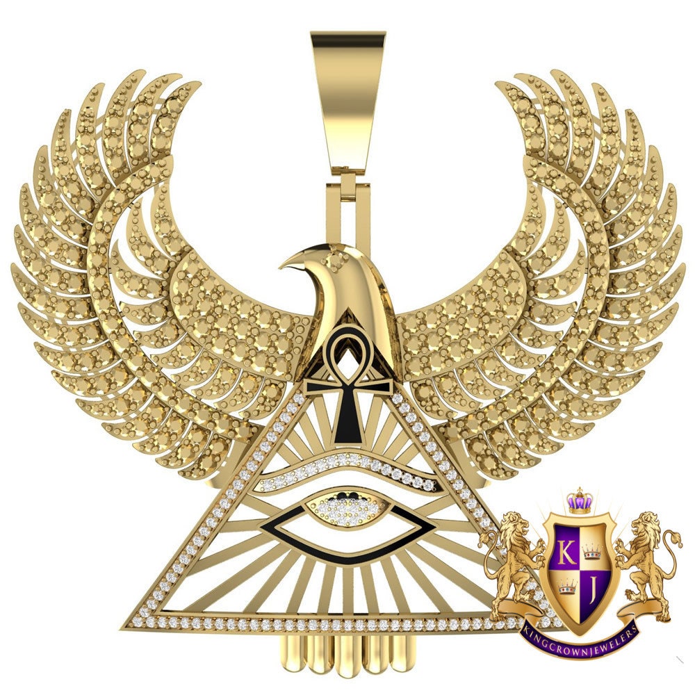 41 + Grams Genuine Real Diamond Ancient Egyptian God of Justice Horus Falcon Eagle Ankh Cross Pharaoh Men's Custom Pendent Charm Big XL 3''