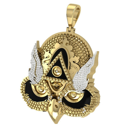 36 + Grams Real Genuine Diamond Eye Providence Owl Illuminati Freemasonry Masons Masonic Charm 10K Gold Over Men's Custom Pendent XL Big 3''