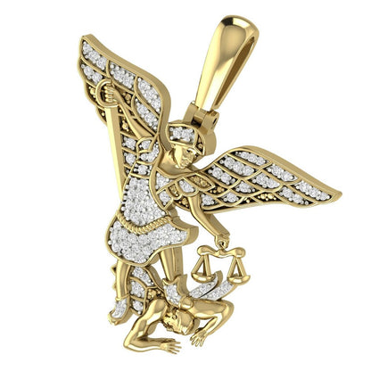 Real Genuine Authentic Diamond 0.50 Cwt. 10K Gold Over Saint Michael The Archangel Religious Charm "All Evil Spirits" Pendent Small 1.65"