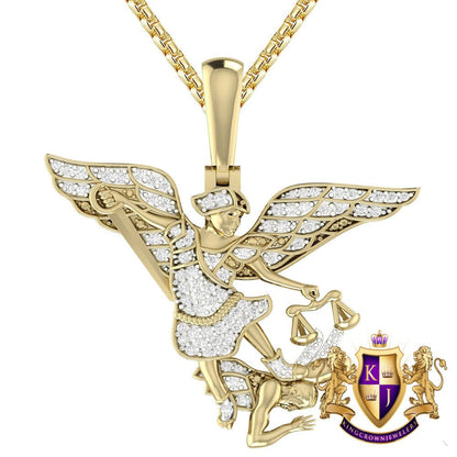 Real Genuine Authentic Diamond 0.50 Cwt. 10K Gold Over Saint Michael The Archangel Religious Charm "All Evil Spirits" Pendent Small 1.65"