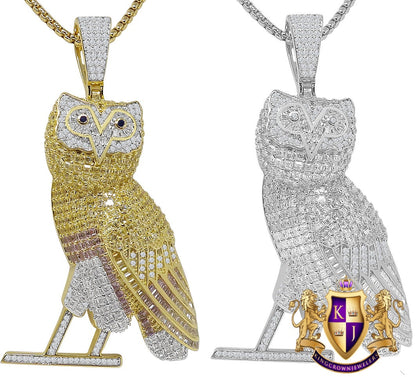 Baguette 34 + Grams Big 2.75'' 14K Gold Over Genuine Sterling Silver Simulated Diamond Standing Owl Bird Pendant Charm Chain Set