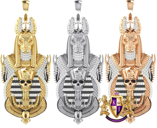 Real Genuine Diamond 23+ Grams Egyptian King Tut Pharaoh Anubis God Ankh Cross Scarab Beetle Charm 10K Gold Over Custom Pendent Big 2.75"