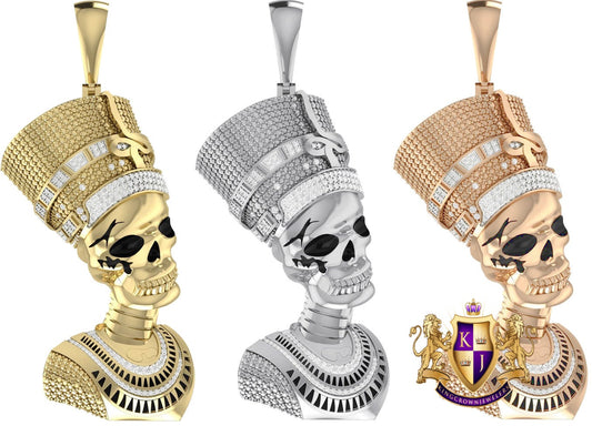32 + Grams Big 3" Real Genuine Authentic Diamond Egyptian Skull Queen Nefertiti Pharaoh Pendant Cleopatra 10K Gold Over Custom Mummy Charm