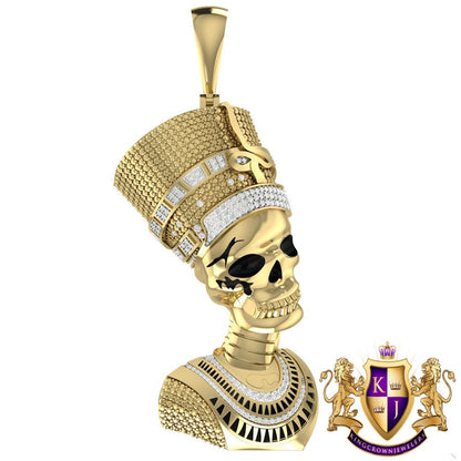 32 + Grams Big 3" Real Genuine Authentic Diamond Egyptian Skull Queen Nefertiti Pharaoh Pendant Cleopatra 10K Gold Over Custom Mummy Charm