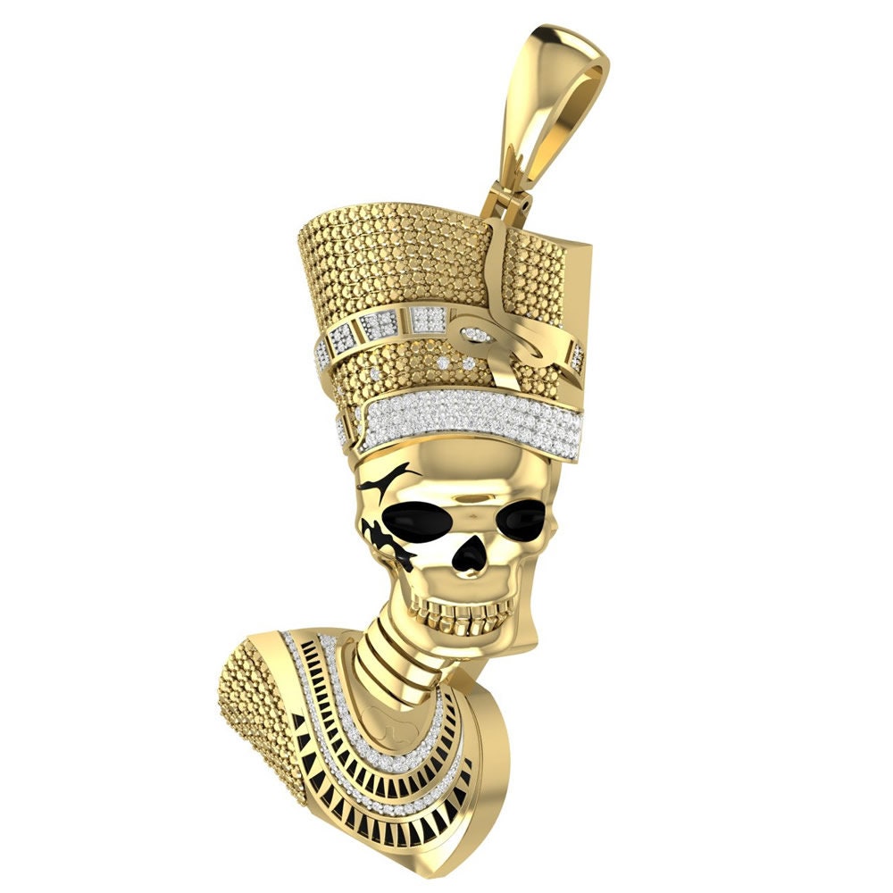 32 + Grams Big 3" Real Genuine Authentic Diamond Egyptian Skull Queen Nefertiti Pharaoh Pendant Cleopatra 10K Gold Over Custom Mummy Charm