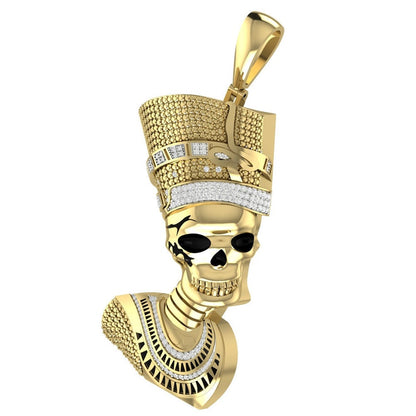 32 + Grams Big 3" Real Genuine Authentic Diamond Egyptian Skull Queen Nefertiti Pharaoh Pendant Cleopatra 10K Gold Over Custom Mummy Charm