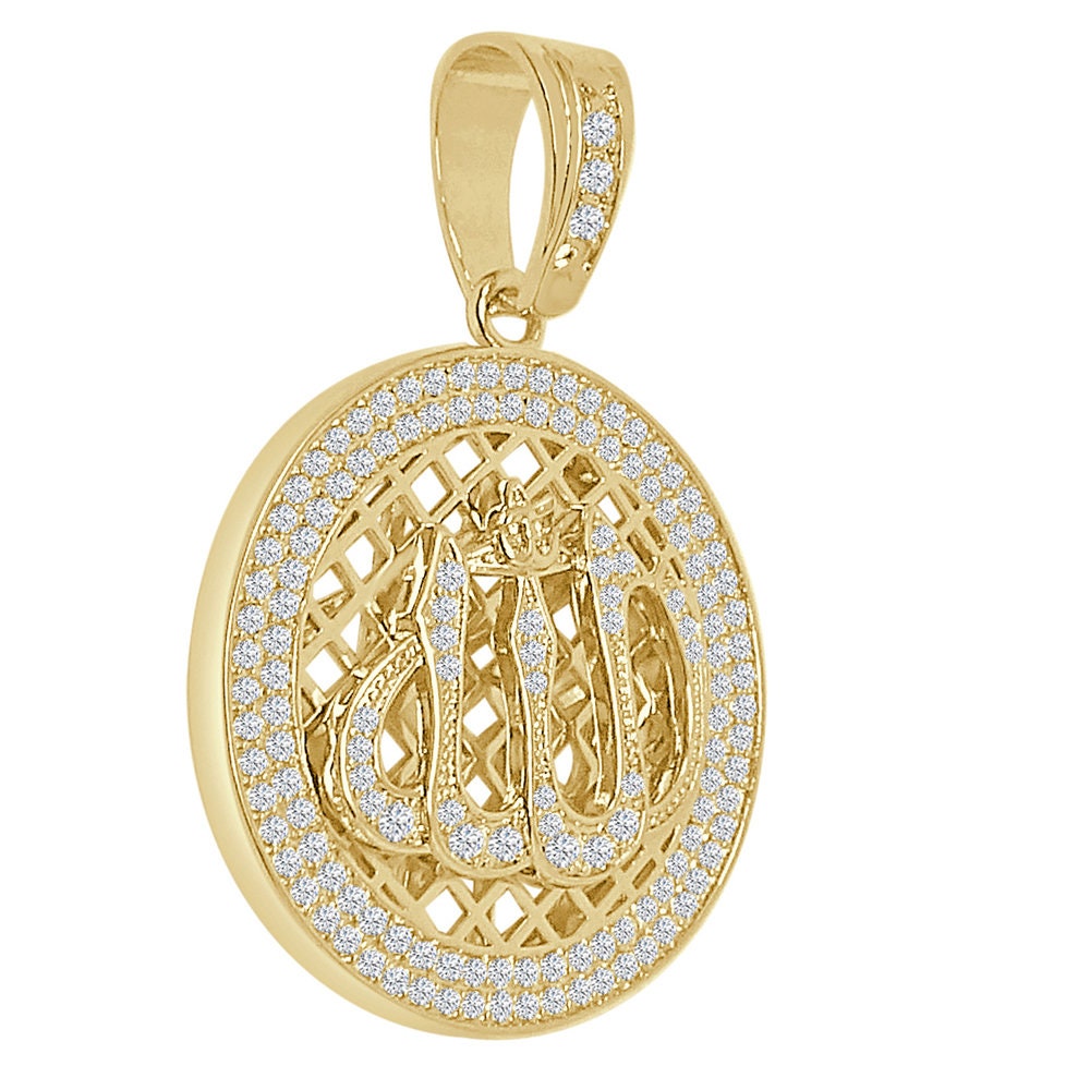26+ Grams Real Sterling Silver 14K Gold Over 2.00 Cwt Simulated Diamond Muslim Allah God Round Medallion Islamic Arabic Pendent Charm 2.50''