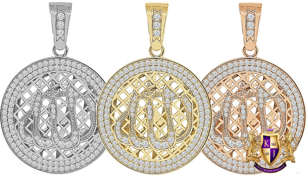 26+ Grams Real Sterling Silver 14K Gold Over 2.00 Cwt Simulated Diamond Muslim Allah God Round Medallion Islamic Arabic Pendent Charm 2.50''