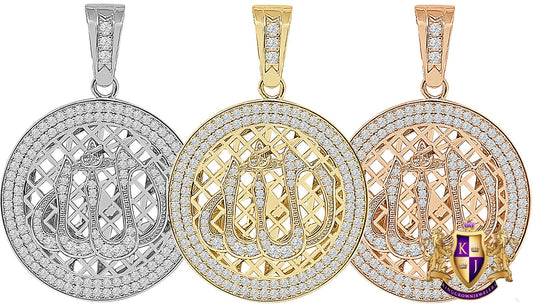 26+ Grams Real Sterling Silver 14K Gold Over 2.00 Cwt Simulated Diamond Muslim Allah God Round Medallion Islamic Arabic Pendent Charm 2.50''