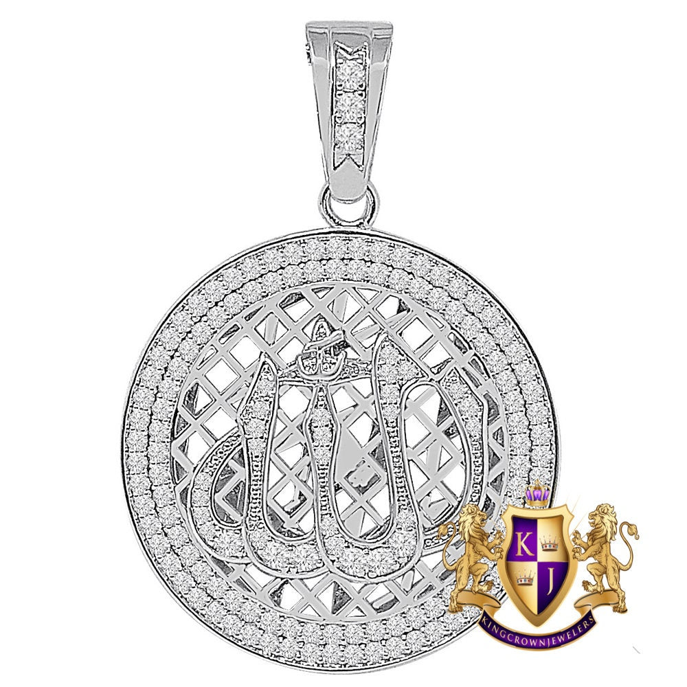26+ Grams Real Sterling Silver 14K Gold Over 2.00 Cwt Simulated Diamond Muslim Allah God Round Medallion Islamic Arabic Pendent Charm 2.50''
