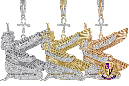 35 + Grams Big 3'' Real Sterling Silver Egyptian God Sky Goddess Isis Osiris Ankh Cross Pharaoh Simulated Diamond 14K Gold On Pendant Charm
