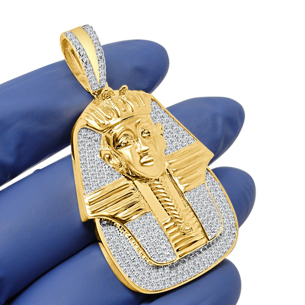 30 + Grams Real Genuine Sterling Silver 14K Gold Over Simulated Diamond King Tutankhamun Ancient Egyptian Pharaoh Mummy Pendant Charm 2.35''