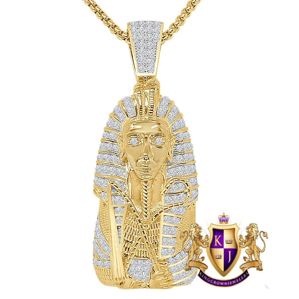 30 + Grams Genuine Italian Sterling Silver 14K Gold Over Simulated Diamond Egyptian Pharaoh King Tut Mummy Pendent Charm 2.25''+ Free Chain