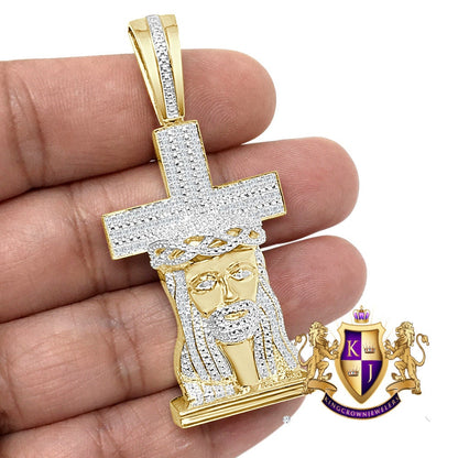 20 + Grams Real Genuine Diamond Jesus Christ Face Holy Cross Custom Pendant 10K  Gold Over Custom Religious Charm 2.50''