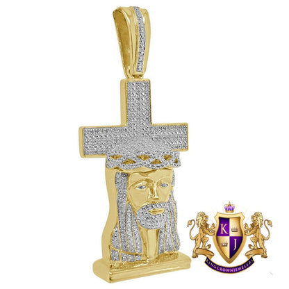 20 + Grams Real Genuine Diamond Jesus Christ Face Holy Cross Custom Pendant 10K  Gold Over Custom Religious Charm 2.50''