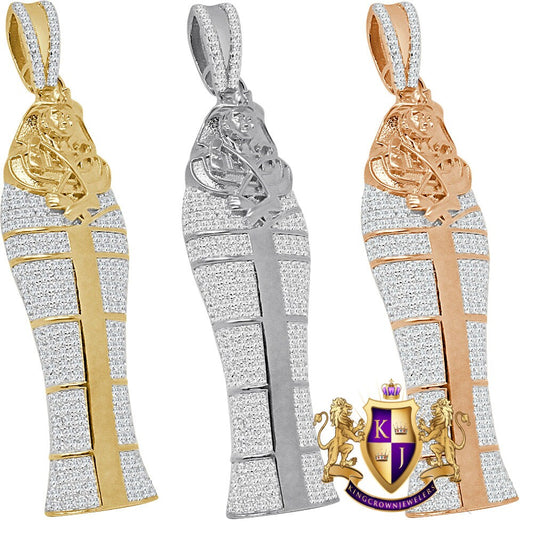 26 + Grams Big XL 3.25'' Real Authentic Sterling Silver Simulated Diamond 14K Gold Over Egyptian Pharaoh King Tut Mummy Custom Pendant Charm