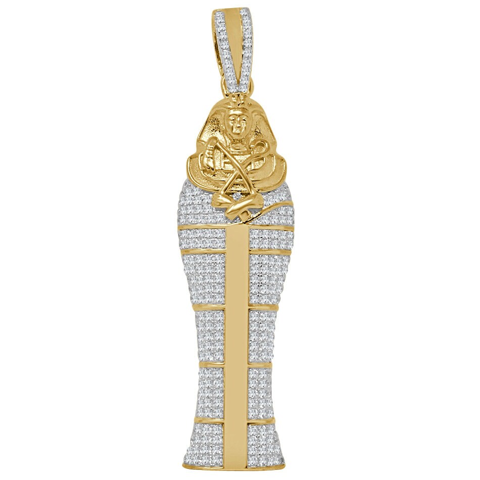 26 + Grams Big XL 3.25'' Real Authentic Sterling Silver Simulated Diamond 14K Gold Over Egyptian Pharaoh King Tut Mummy Custom Pendant Charm