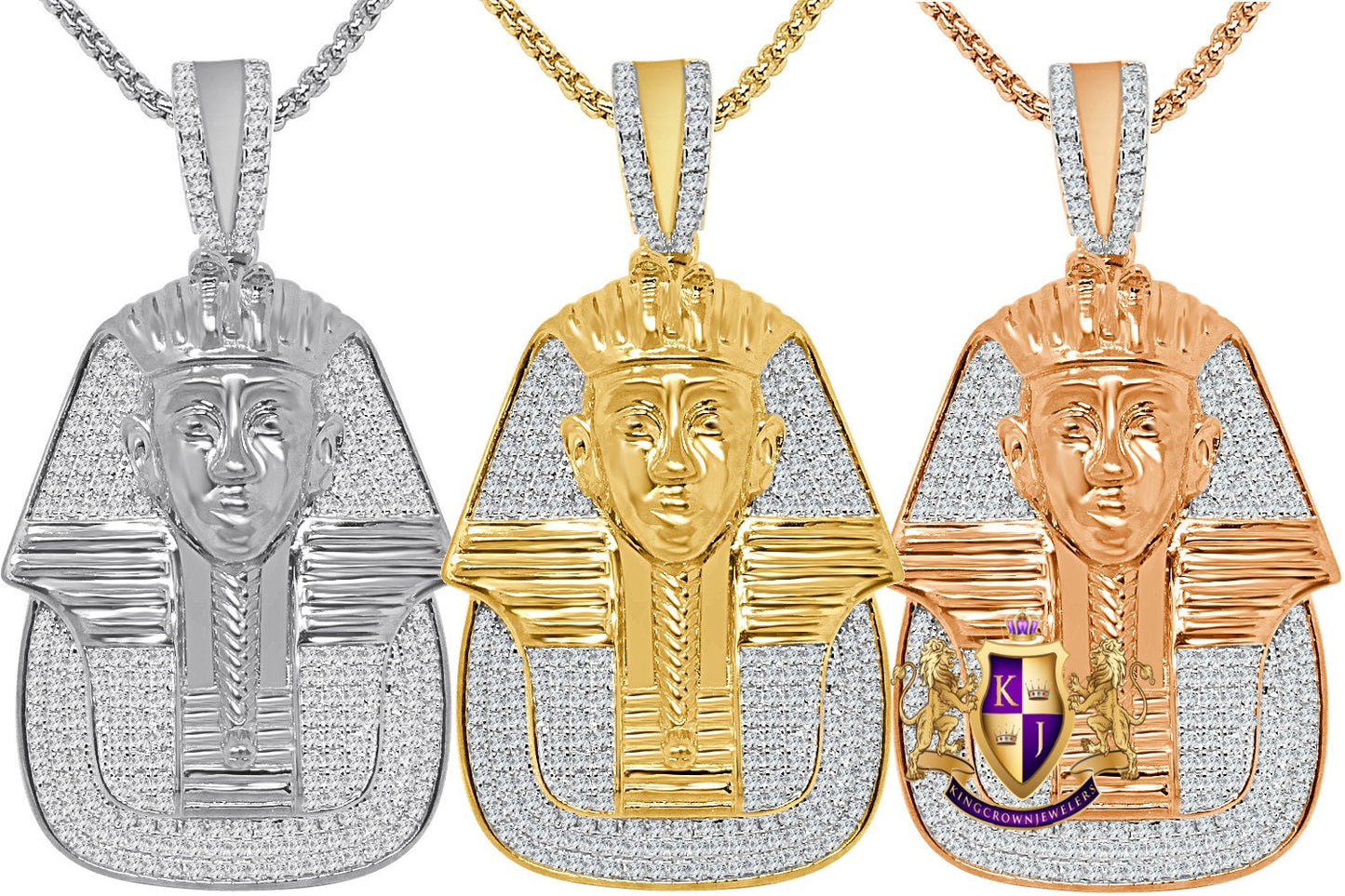 30 + Grams Real Genuine Sterling Silver 14K Gold Over Simulated Diamond King Tutankhamun Ancient Egyptian Pharaoh Mummy Pendant Charm 2.35''