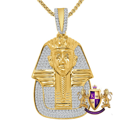 30 + Grams Real Genuine Sterling Silver 14K Gold Over Simulated Diamond King Tutankhamun Ancient Egyptian Pharaoh Mummy Pendant Charm 2.35''