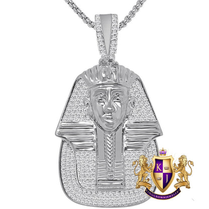 30 + Grams Real Genuine Sterling Silver 14K Gold Over Simulated Diamond King Tutankhamun Ancient Egyptian Pharaoh Mummy Pendant Charm 2.35''