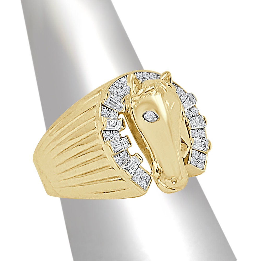 Men's Real Genuine Sterling Silver Simulated Diamond 14K Gold Over Good luck Horseshoe Lucky Ring Band