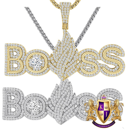 Solitaire 20 + Grams Men's 14k Gold Over 2.00 Cwt. Simulated Diamond BOSS Built on Self Success Custom Charm Pendant Chain Set