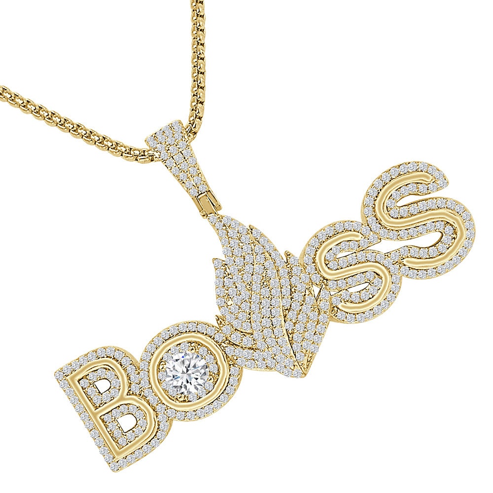 Solitaire 20 + Grams Men's 14k Gold Over 2.00 Cwt. Simulated Diamond BOSS Built on Self Success Custom Charm Pendant Chain Set