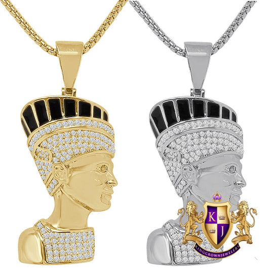 22 + Grams Black Onyx 14K Gold Over Egyptian Queen Nefertiti Simulated Diamond Pharaoh Mummy Charm Pendant Chain Set
