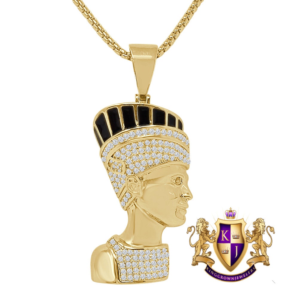 22 + Grams Black Onyx 14K Gold Over Egyptian Queen Nefertiti Simulated Diamond Pharaoh Mummy Charm Pendant Chain Set