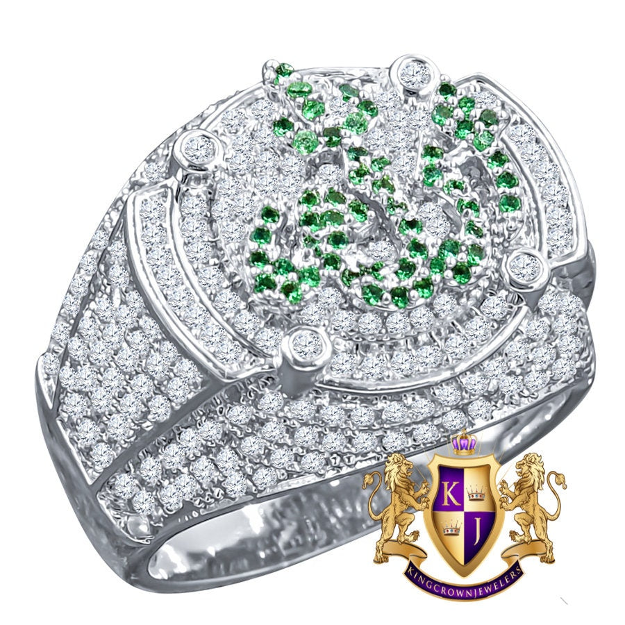 Men's Emerald Green Simulated Diamond 14K White Gold Over Allah God Muslim Islamic Islamic Pinky Ring Band
