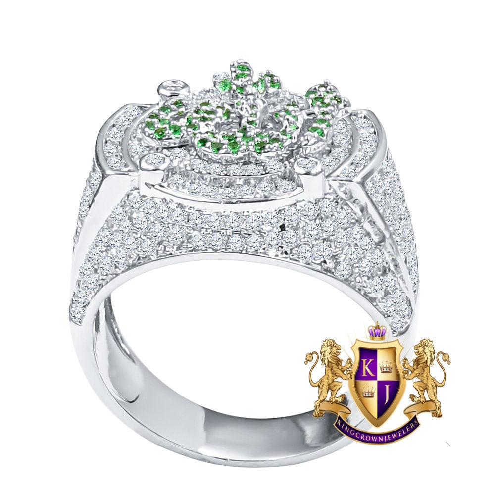 Men's Emerald Green Simulated Diamond 14K White Gold Over Allah God Muslim Islamic Islamic Pinky Ring Band