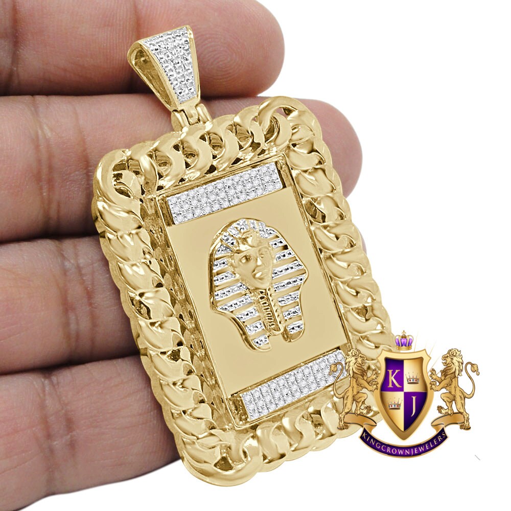 Genuine Real Authentic Diamond 29 + Grams Miami Cuban Frame Egyptian Pharaoh Mummy Charm 10K Gold Finish Pendent 2.50''