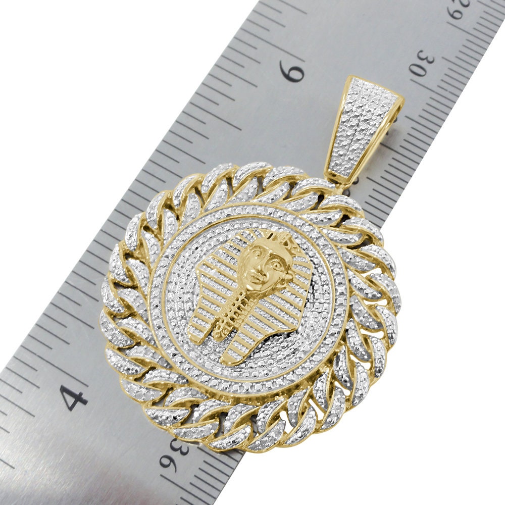 Real Genuine Authentic Diamond 0.50 Cwt. Egyptian Pharaoh King Tut Mummy 10k Gold Over Round Medallion Charm Pendant 2''