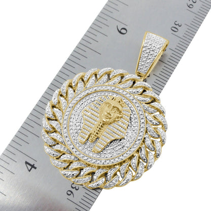 Real Genuine Authentic Diamond 0.50 Cwt. Egyptian Pharaoh King Tut Mummy 10k Gold Over Round Medallion Charm Pendant 2''