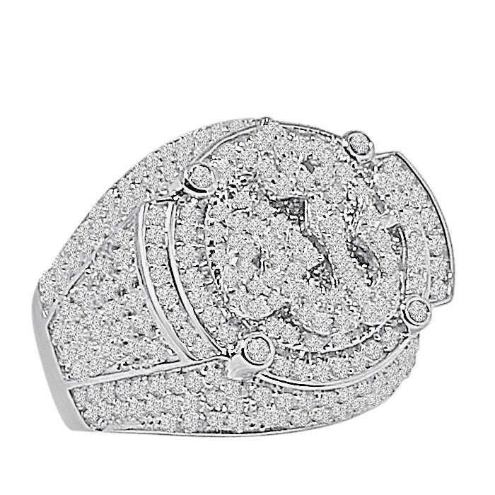 Men's 14K White Gold On Genuine Sterling Silver Simulated Diamond Allah God Muslim Islamic Pinky Ring Band