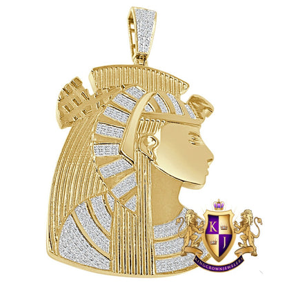 26 + Grams Real Genuine Authentic Diamond Egyptian Pharaoh Queen Nefertiti Pendant 10K Gold Over Big 2.65"