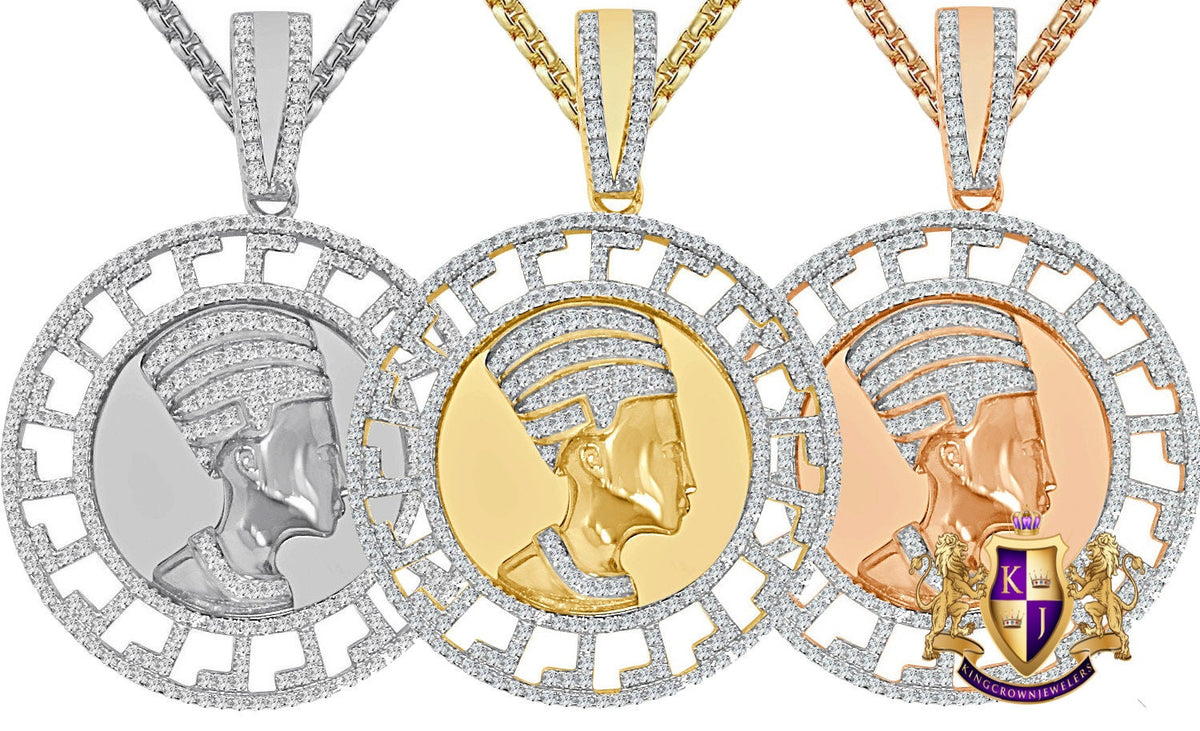 28+ Grams Real Sterling Silver 14K Gold Over 4.00 Cwt Simulated Diamond Greek Style Egyptian Queen Nefertiti Pharaoh Mummy Charm Pendant 2''