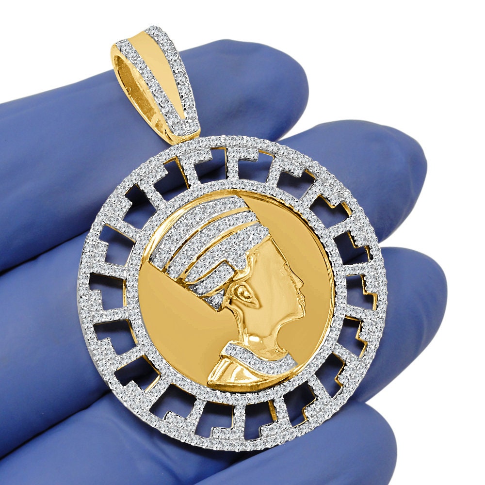 28+ Grams Real Sterling Silver 14K Gold Over 4.00 Cwt Simulated Diamond Greek Style Egyptian Queen Nefertiti Pharaoh Mummy Charm Pendant 2''