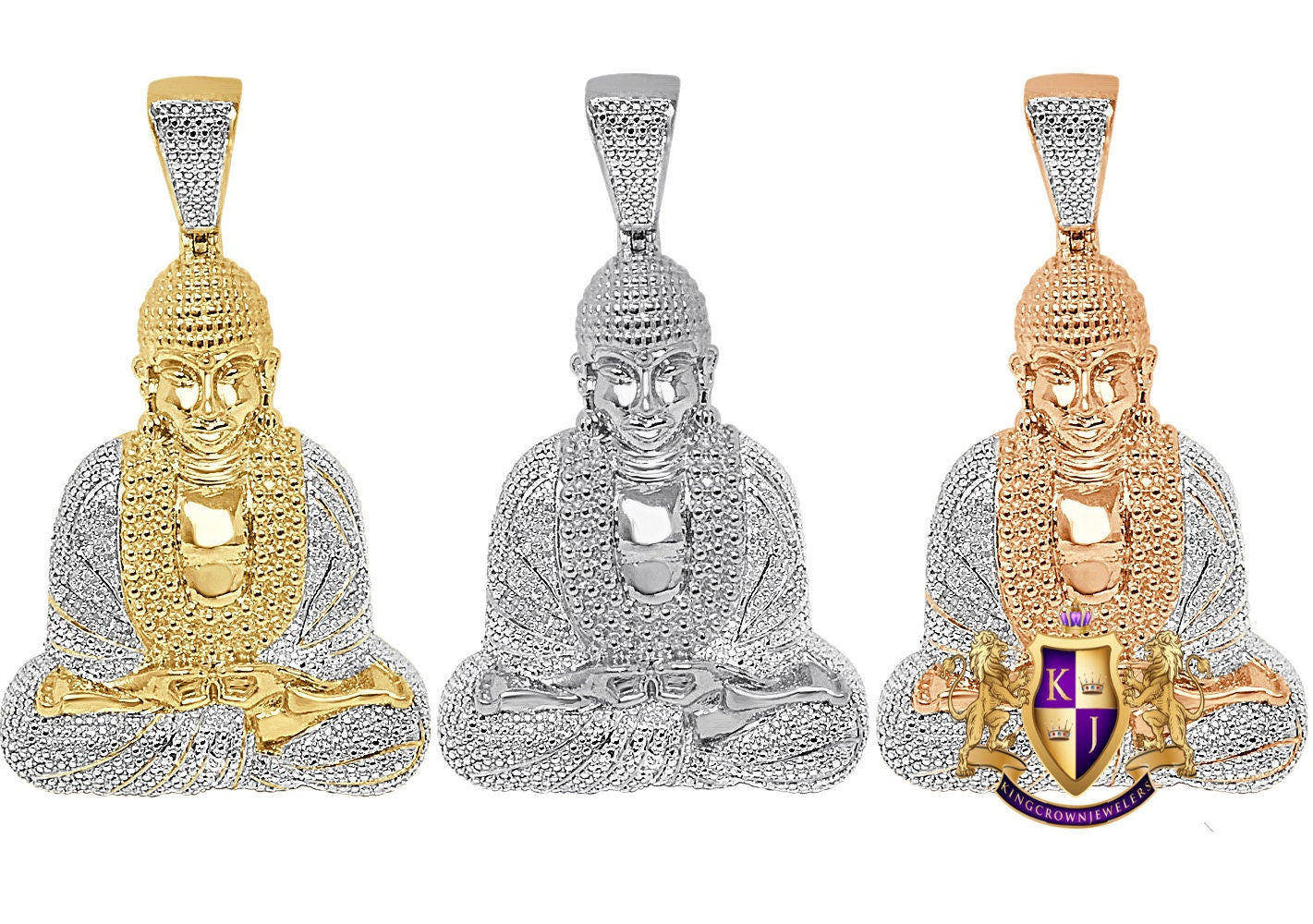Real Genuine Natural Authentic Diamond 24 + Grams Meditation Siddhartha Gautama Buddha Pendant 10K Gold Over Buddhist Pave Charm Big 2.65''